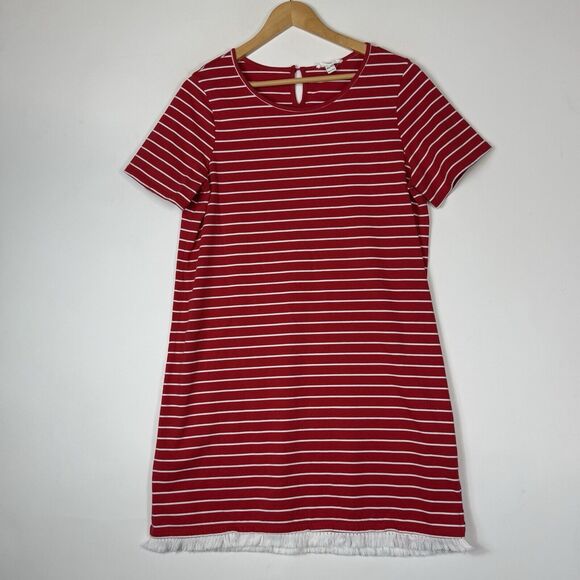 Beach Lunch Lounge Red White Stripe Fringe Hem Short Sleeve Dress Women's XL - Picture 1 of 6